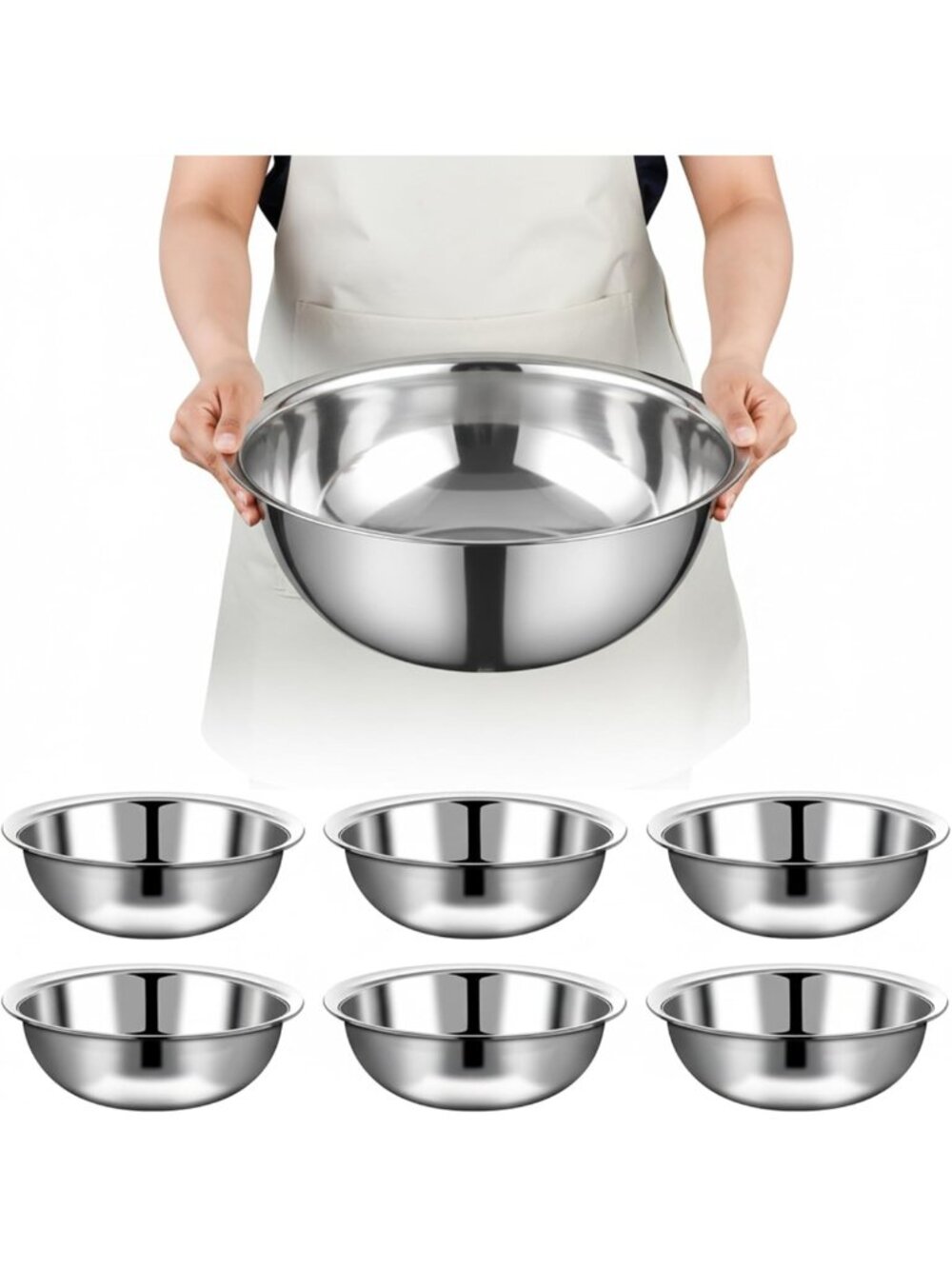 Extra Large Stainless Steel Mixing Bowls Set - 6 Pcs, Dishwasher Safe, Deep